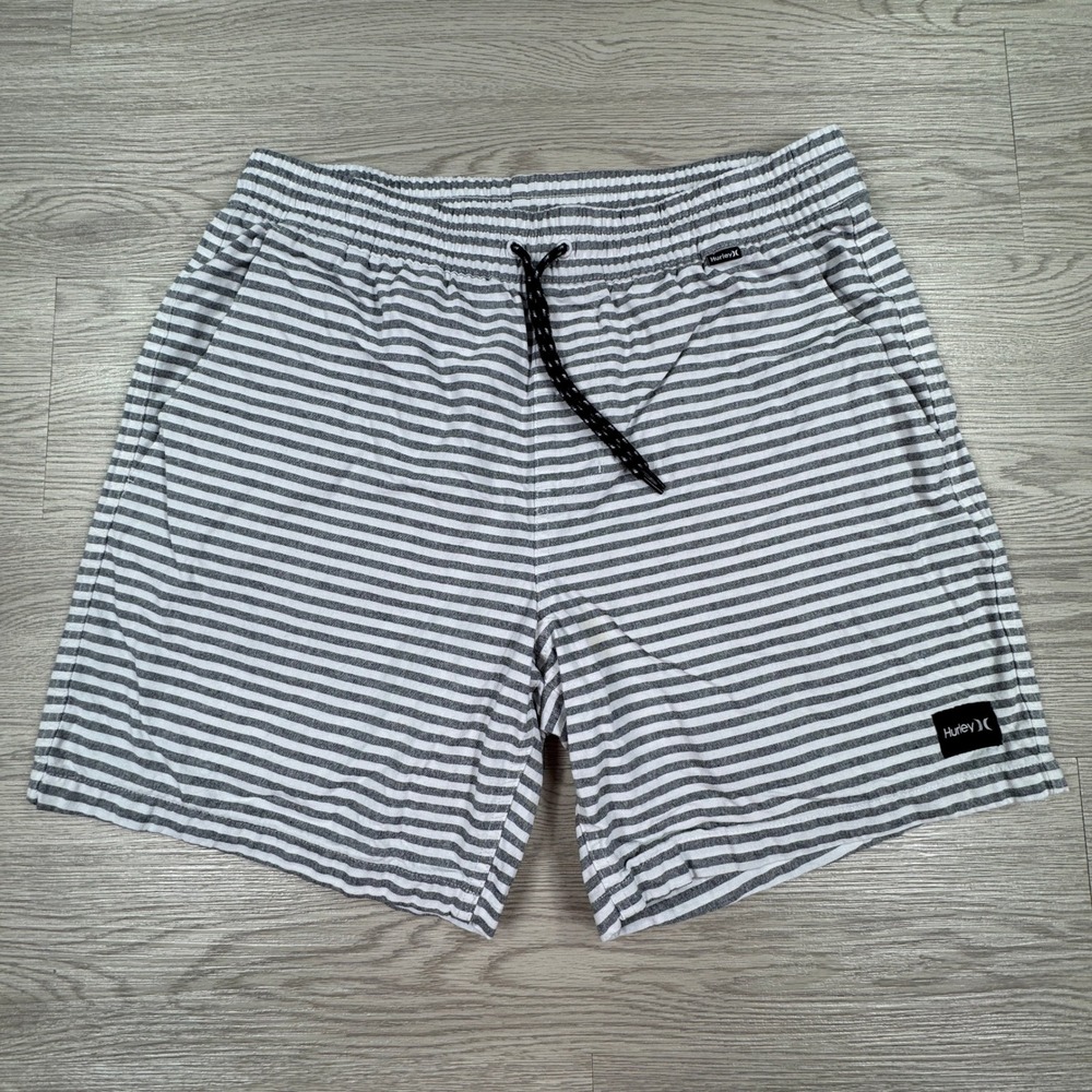 Hurley‎ Mens Shorts Striped Elastic Drawstring Waist Grey White Small Casual